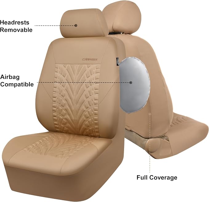 CAR PASS Car Seat Covers Two Front Only for Car, 3D Tyre Print Automotive Interior Covers, Airbag Compatible, Quick Setup Universal Fit Seat Covers for Car, Truck, SUV(All Beige)