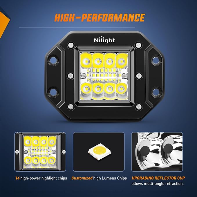 Nilight 4PCS 42W Flush Mount LED Pods Spot Flood Combo Beam Driving Backup Reverse Grill Mount Light with 16AWG LED POD Lights Wiring Harness Kit -4 Leads