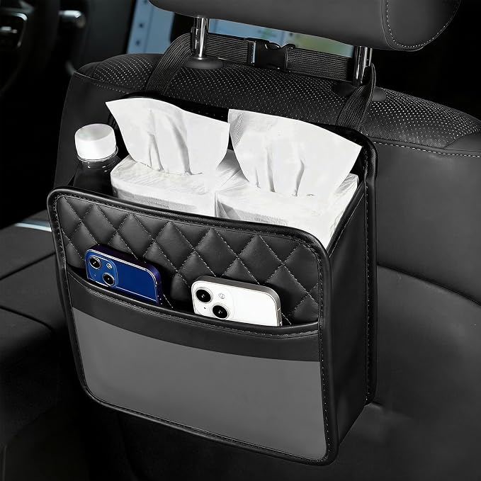 Car Seat Back Organizer, Car Organizers and Storage, PU Leather Vehicle Backseat Hanging Storage Pocket, Multipurpose Auto Organizer Hanging Universal for Most Vehicles (Black)