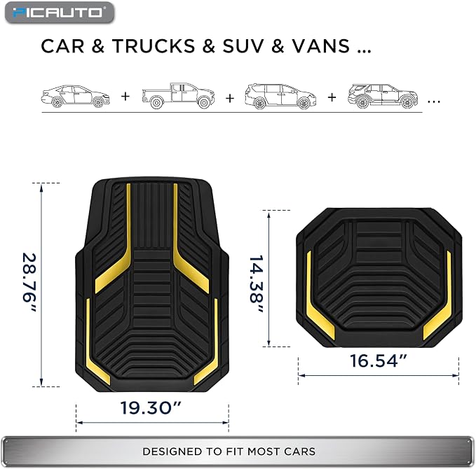 PIC AUTO Heavy Duty Rubber Floor Mats, Yellow Aluminum Film Car Mats Set, Front and Rear Car Mats with Anti-Slip Backing, All Weather Protection, Trim-to-Fit for Automotive SUV, Sedan, Van