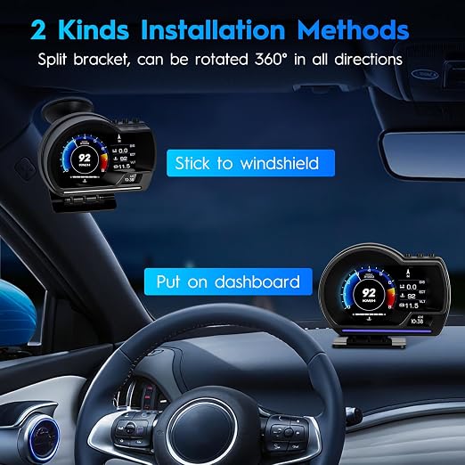 OBD2 Gauge Display, Heads Up Display for Cars, Gauge with OBD GPS Dual System, OBD2 Speedometer for Car with Water TEM, Volt, Mileage, Overspeed & Fatigue Driving Alarm, RPM, Works Great for Most Cars