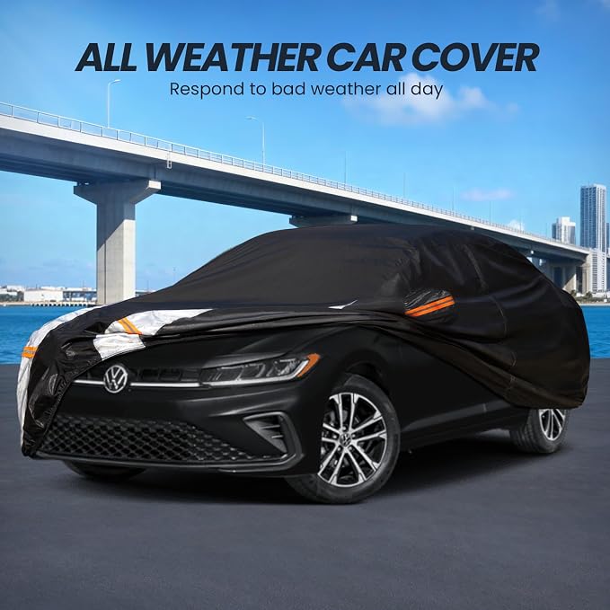 Multi-Layer Car Cover Custom Fit for VW Jetta(2005-2026), 100% Waterproof All Weather for Automobiles, Gift with Towel, Heavy Duty Car Covers for Rain Sun UV Protection with Door Zipper