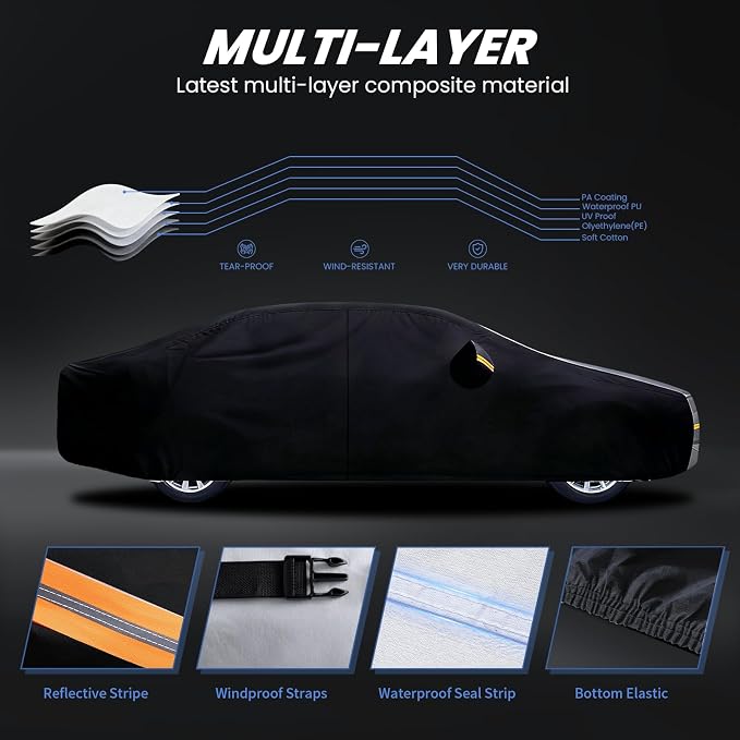 Multi-Layer Car Cover Custom Fit for Ford Fusion(205-2026), 100% Waterproof All Weather for Automobiles, Gift with Towel, Heavy Duty Car Covers for Rain Sun UV Protection with Door Zipper