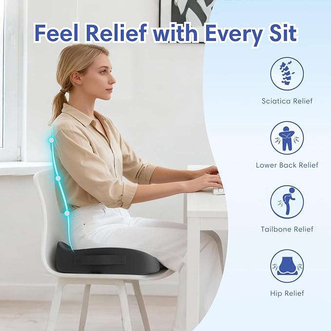 Large Memory Foam Seat Cushion for Office Chair, Car, Truck & Wheelchair - Sciatica, Coccyx & Tailbone Pain Relief Cushion for Long Sitting & Driving