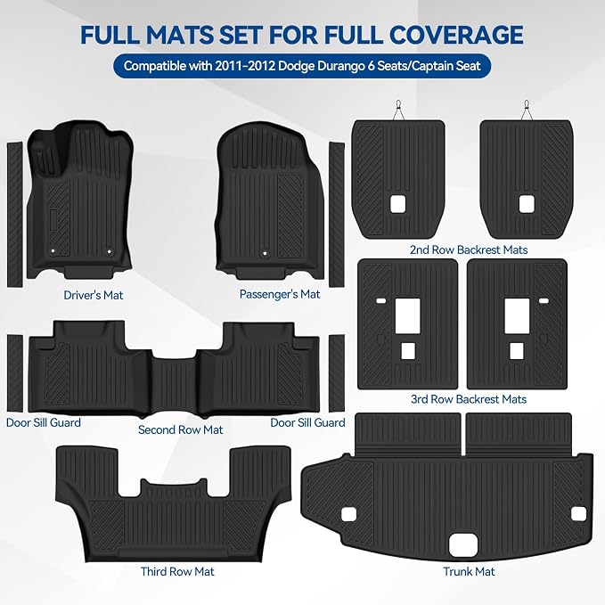 Custom Fit Floor Mats for 2011-2012 Dodge Durango 6 Seats/Captain Seat, All Weather TPE Floor Liners & Trunk Mat & 2nd/3rd Row Backrest Mat & Door Sill Guard, Full Set Interior Accessories