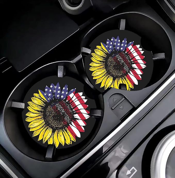 Sunflower & USA Flag 2.56" Car Coasters 2-Pack - Absorbent Ceramic Auto Coasters for Cup Holders, Keeps Your Car Clean & Dry