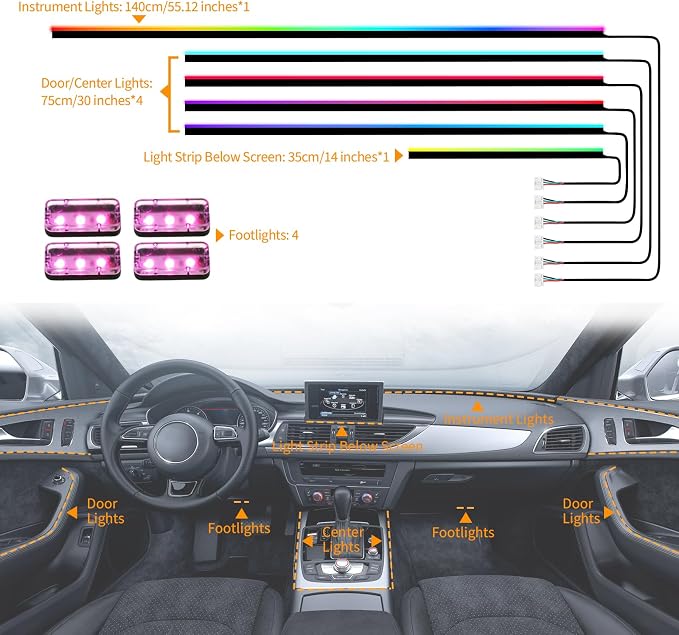 DREAMOTOR Dreamcolor Acrylic Interior Car LED Strip Lights with APP&Remote Control RGB 10 in 1 Ambient Lighting Kits Fiber Optic Strip LEDs Music Sync Car Neon Lights for Cars,SUVs,Trucks