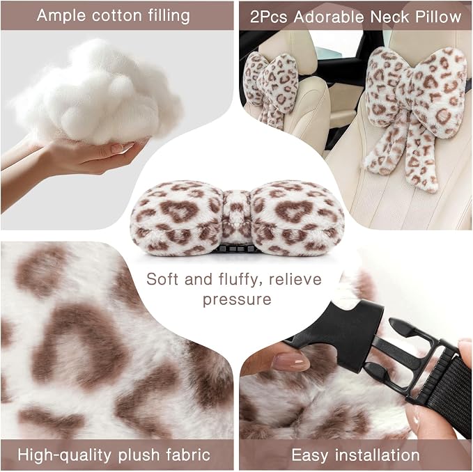 Macarrie 2 Pcs Car Neck Pillow Plush Butterfly Bow Car Headrest Pillow Comfortable Seat Neck Support Cute Head Rest Accessories for Driving Travel Driver Chair Girl Interior Decor(White,Leopard)