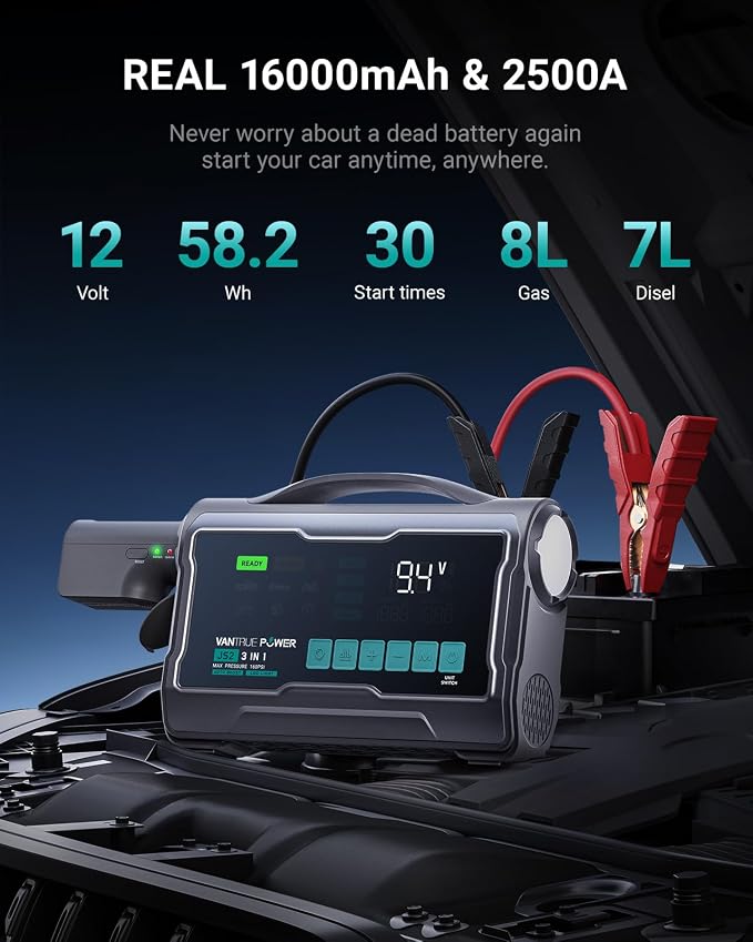 JS2 2500A Jump Starter with 160PSI Air Compressor, 12V Car Battery Booster with Display, Support 65W Charging Power Bank, Nozzles Storage Compartment- for 8L Gas/7L Diesel Engines