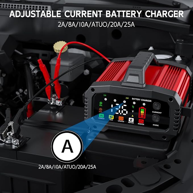 Battery Charger 25A Smart Trickle Charger Maintainer 12V/24V LiFePO4 | Car battery charger Lead Acid Compatible with Temperature Compensation for Car Truck Motorcycle Lawn Mower Boat
