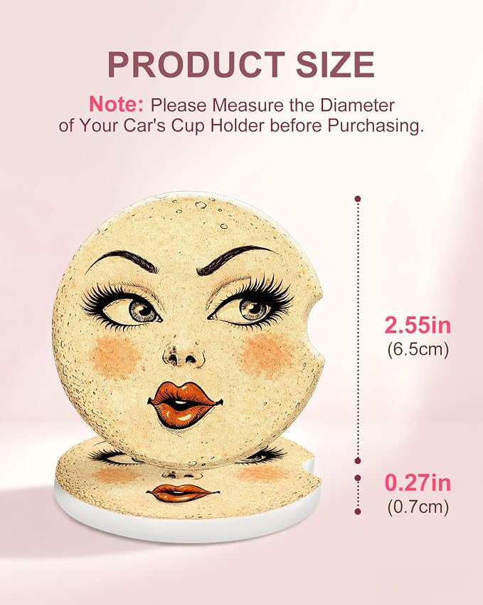 Swooflia 2 Pack Absorbent Ceramic Car Coasters for Women - 2.55 Inch Moon Beauty Car Cup Holder Coasters with Cork Base, Funny Car Accessories, New Driver Gifts