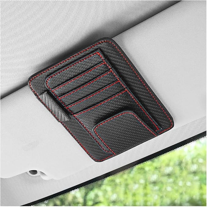 povtii Car Sun Visor Organizer, Multifunctional Vehicle Sun Visor Folder with Sunglasses Clip, Universal Interior Car Accessories (Red Carbon Fiber)