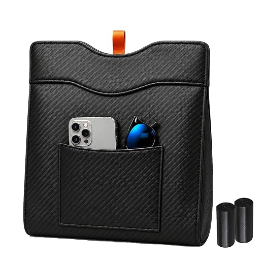COZILO Leather Car Trash Can, Leak-Proof Odor-Lock Car Garbage Can with 60 Liners, Magnetic Closure & Liner-Hold, Storage Pocket, Metal Hooks, Hanging Car Trash Bin for SUV Sedan Truck, Carbon Fiber