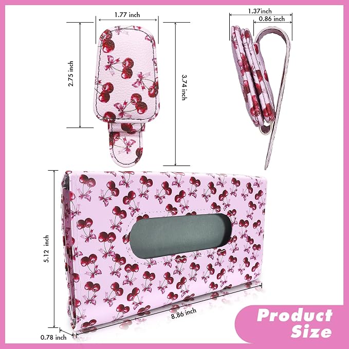 2 Pcs Sunglass Holder and 1Pcs Car Tissue Holder for Car,Magnetic Leather Sunglasses Holder Car Sun Visor Glasses Hanger Clip,Car Interior Accessories for Women(Pink Cherry)