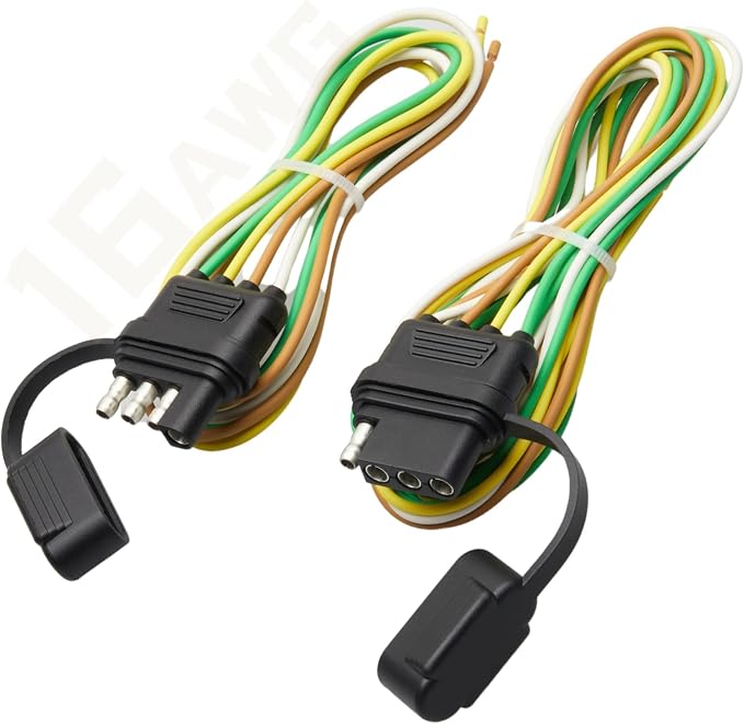 MECMO 4 Pin Trailer Wiring Harness w/Dust Cover, 16AWG 48-Inch Vehicle-Side and 25-Inch Trailer-Side 4-Way Flat Trailer End Connector Truck Trailer Light Plug Socket 4 Prong Male Female Replacement