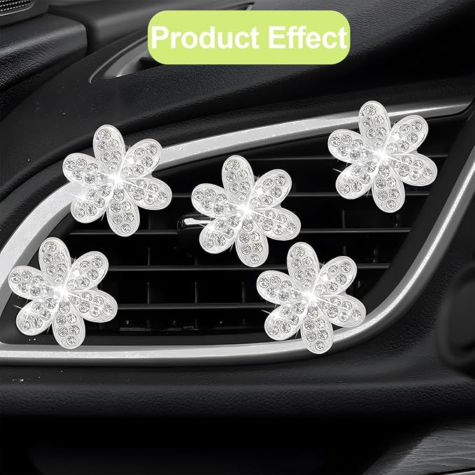Osilly Bling Car Air Vent Clips, 4PCS/2Set Flower Rhinestone Vehicle Air Outlet Clamp, Sparkly Diamond Automotive Interior Vent Clip Charm Decor Accessories, Universal for SUV Truck RV (Silver)