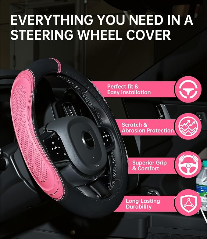 XCBYT Steering Wheel Cover - Pink Leather Steering Wheel Wrap Great Grip with 3D Honeycomb Quick and Effortless Installation Non-Slip Silicone Inner Ring for Women Man Universal Fit 14.5-15 Inch
