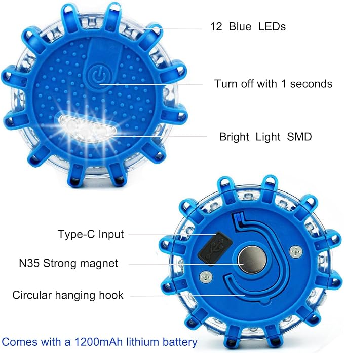 USB-C Rechargeable Blue LED Road Flare 3 Pack,9 Flash Modes Magnetic Waterproof Emergency Warning Light