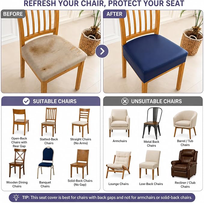 NILUOH Waterproof Seat Covers for Dining Room Chairs Set of 2, Pu Leather Chair Seat Slipcovers Dining Chair Cover Removable Washable Chair Protctor Cover, Rear Covers (PU-Navy)