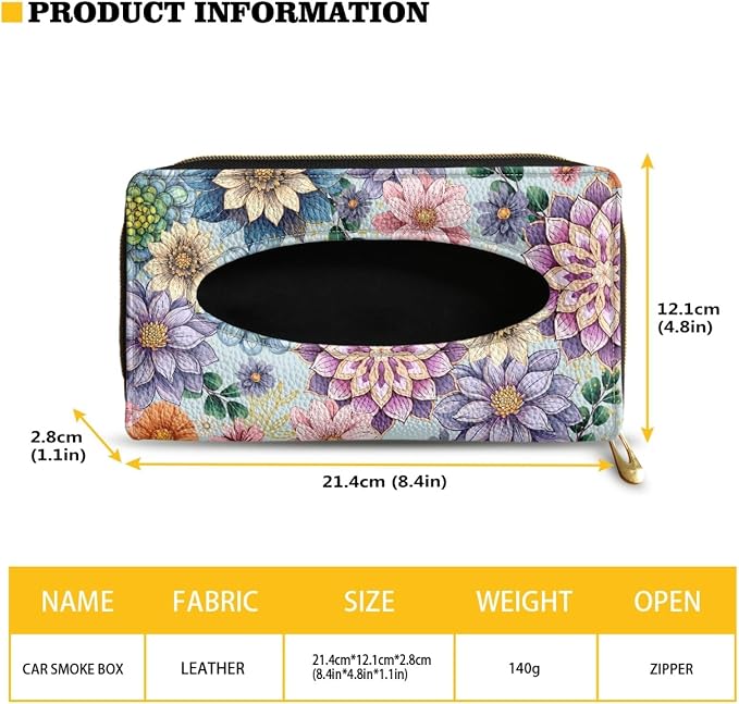 Boho Flower Automotive Visor Tissue Holder PU Leather Tissues Box Cover for Car Tissue Box for Sun Visor & Back Seat