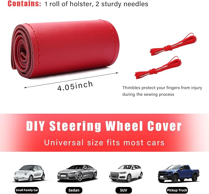 Augeny Genuine Leather Steering Wheel Cover, Breathable Anti-Slip Car Steering Wheel Protector Stitch on Wrap for Max Diameter 15 Inch, DIY Sewing with Needle Thread (Glossy, Red)