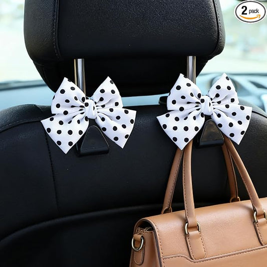2PCS Car Seat Headrest Hooks, Car Purse Hook, Cute Bow Knot Vehicle Seatback Hanging Storage Organizer, Auto Seatback Decor Organizer Hanger for SUV Truck (White/Polka Dot)