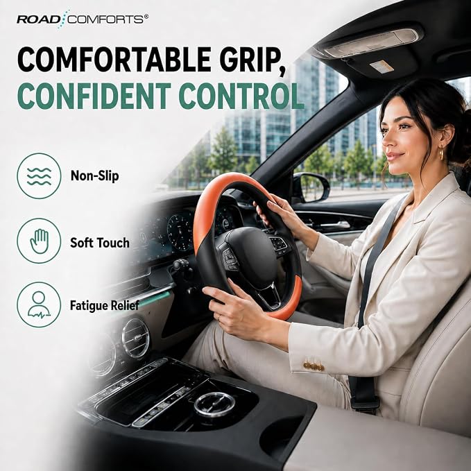 Road Comforts Steering Wheel Cover – Breathable Leather Steering Wheel Cover, Anti-Slip Grip, Universal Fit 14.5” to 15”, Heat & Cold Resistant for Cars, SUVs, and Trucks – Black & Shining Orange