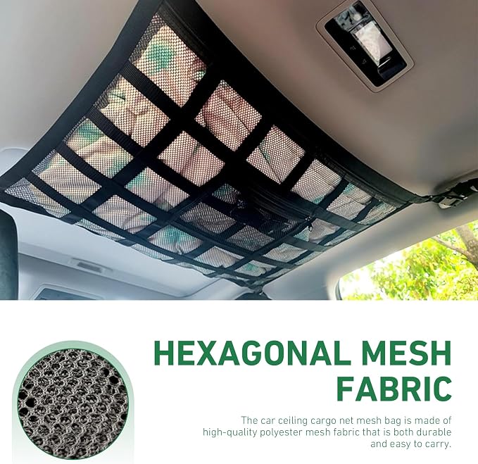 Car Ceiling Cargo Net, Double Layer Roof Storage Net with Pockets, 31.5" x 21.6" Camping Ceiling Storage Organizer, Fit for Sedans SUVs ravel Road Trips,Van Life Essentials (Black)