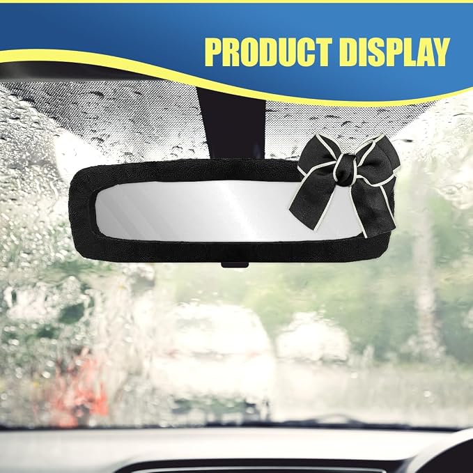 Bow Car Rearview Mirror Cover, Plush Auto Rear View Mirror Elastic Dustproof Protector, Universal Vehicle Interior Mirrors Edge Decoration Accessory for Cars, SUVs, Trucks (Black)