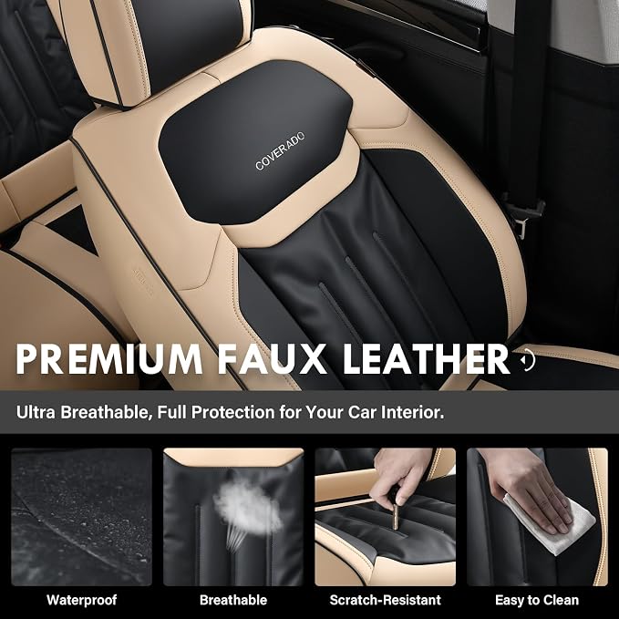 Coverado Car Seat Covers, Seat Covers for Cars 5 Seats, Full Set Car Seat Protector, Waterproof Nappa Leather Car Seat Cushion, Auto Seat Covers Universal Fit for Most Vehicles, Beige&Black