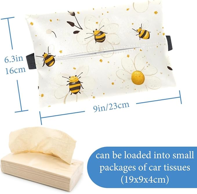 White Flower and bee (36) Car Tissue Holder, Tissue Box Cover Keep Car Tidy, Microfiber Leather Backseat Napkin Rectangle Organizer, Extra Large Tissue Box Storage in Car
