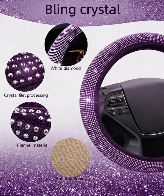 11 pcs Bling Car Accessories Set for Women,Steering Wheel Cover,Sparkly Seat Belt Covers,Daisy Vent Clips,Bling Shift Cover,Car Cup Holder Coaster,Universal Fit Most Cars (Purple Diamond)