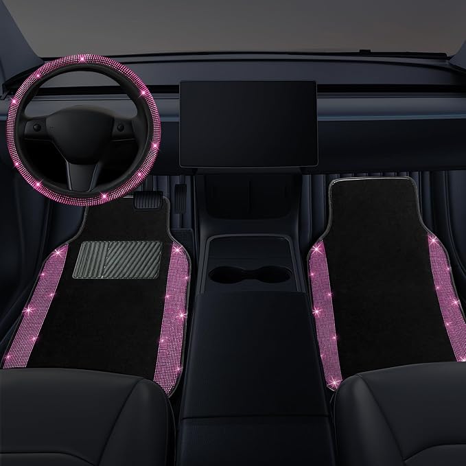 NBTEPEM Bling Car Floor Mats Full Set and Steering Wheel Cover, Universal Fit Most Cars, 4 pcs Sparkle Glitter Diamond Carpet, 5 pcs Bling Car Accessories Set for Women (Pink Diamond)