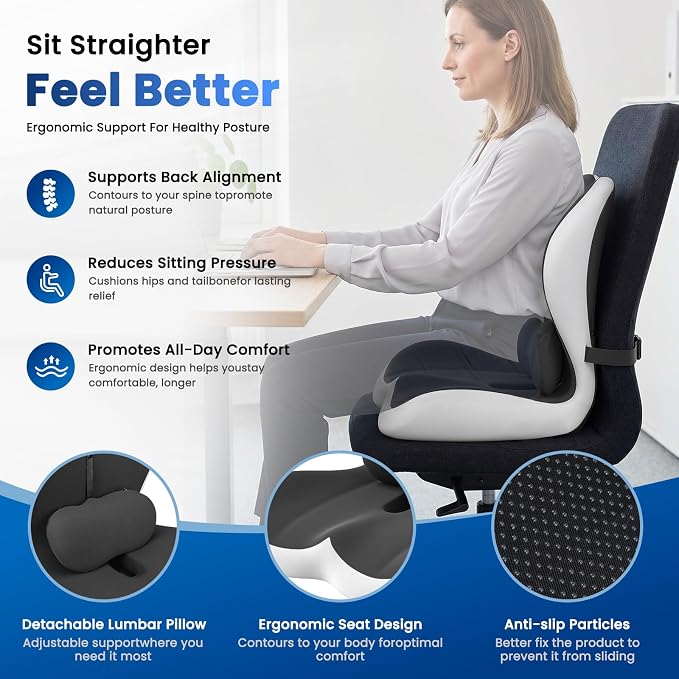 Large Car Seat Cushion with Lumbar Support Pillow for Long Sitting | Hollow Design for Coccyx, Reducing Sciatica Pressure, Tailbone & Lower Back Comfort, Memory Foam Cushion, Non-Slip for Chair