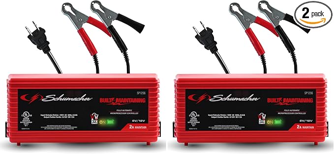 Schumacher Electric Battery Charger and Maintainer, SP1296, 3-in-1, Fully Automatic, 2 Amps, 6 Volt, 12 Volt, for Motorcycle, Power Sport, Car, and Marine Batteries (Pack of 2)