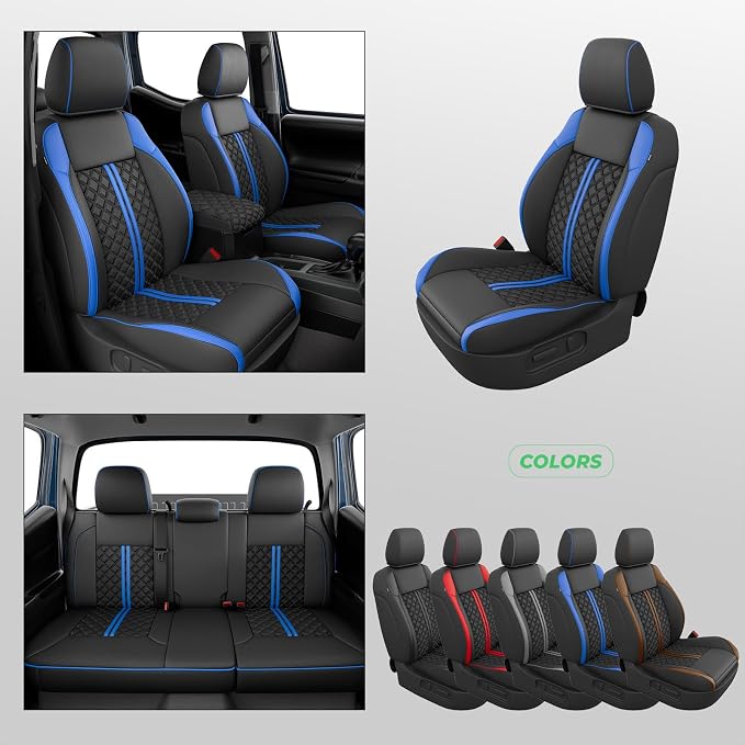 Custom Seat Covers for Tacoma 2016-2023 3rd Gen Double Cab SR5/TRD Off-Road/SR/TRD Sport/TRD PRO Full Set with Console Covers, Waterproof Leather Back and Front Seat Protectors Black Blue