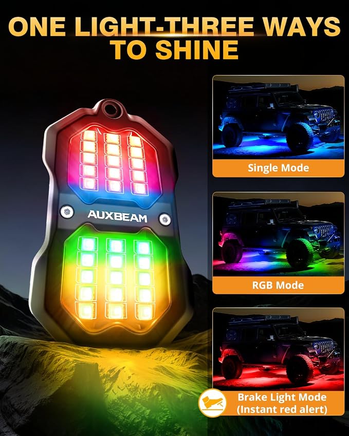 Auxbeam 4-Pod RGB LED Rock Lights with Brake Mode 213° Dual-Side Lighting Dynamic Color Changing Underglow Kit w/Bluetooth APP+Remote Control Music Voice Sync Waterproof for Truck ATV 2 Year Warranty