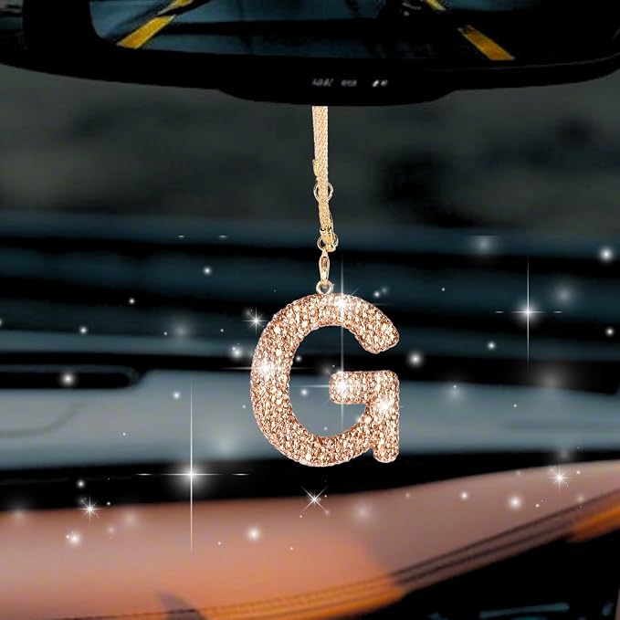 Bling Car Accessories for Women Letter Charm, Rainbow Crystal Rearview Mirror Pendant, Cute Diamond Rhinestone Car Decor, Lucky Gift for Women(G, Champagne Gold)