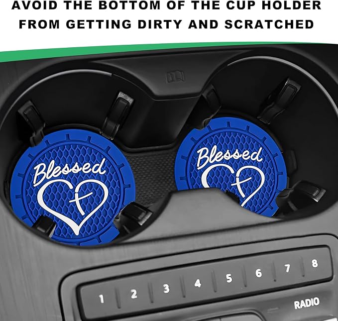 2 PCS Car Cup Holder Coaster, 2.76 Inch Non-Slip Auto Drink Mats with Blessed Cross and Heart, Shockproof Christian Cup Insert Coaster for Most Vehicles, Car Accessories (Blue)