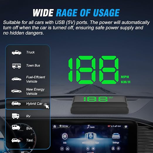 W2 Heads Up Display for Cars,Speedometer with Overspeed Alarm,Automatic Brightness Adjustment,Triple Over-Speed Alarm,LED Large Font,Built in Sun Visor,Plug & Play USB HUD Fit for All Vehicles(Green)