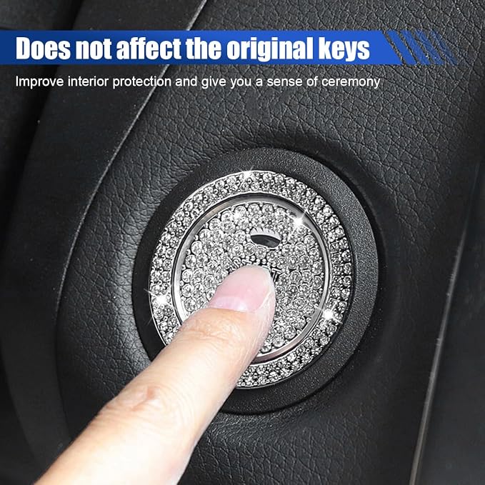 Bling Crystal Car Engine Start Ring Sticker, Sparkling Rhinestone Push Start Button Decorative Cover, Anti-Scratch Key Ignition & Knob Bling Ring Car Interior Accessories for Women (White2)
