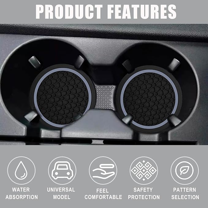 Car Cup Holder Coasters, Dustproof Automotive Interior Accessories Mat,2.75 Inch Non-Slip Insert Water Bottle Holder Pads, Universal for Vehicles, Trucks, RVs and More (Black/Gray, 2PCS)