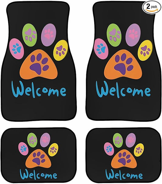 Universal Fit Car Floor Mats Set of 4Pcs, Colored Paw Prints All-Weather Front Rear Car Carpet Mats, Non-Slip Car Floor Mat Car Accessories for Automotive Trucks SUV Sedans Vans