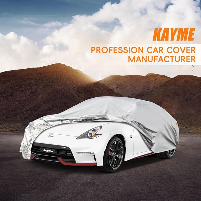 Kayme 6 Layers Car Cover Custom Fit for Nissan 350Z 370Z Z Coupe Roadster（2009-2025） Waterproof All Weather for Automobiles, Outdoor Full Cover Rain Sun UV Protection. Silver