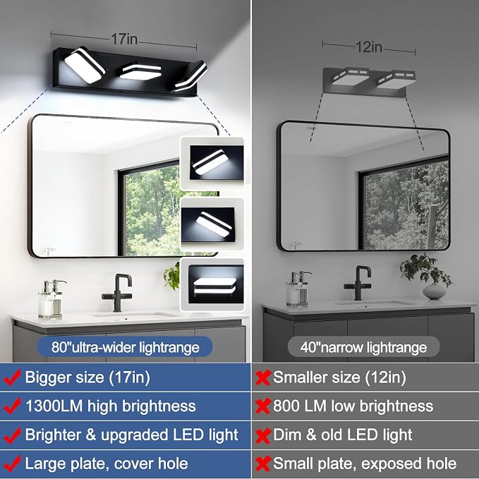 Torondo 360° Rotate LED Bathroom Vanity Light Fixtures, Acrylic Vanity Lights for Bathroom, Modern Wall Lighting Fixtures Over Mirror Living, Matte Black, Natural White, 3-Light, 17-Inch