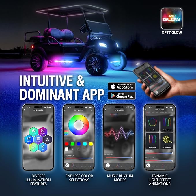 OPT7 Aura DreamColor 12V Golf Cart Underglow Chasing Light w/APP & Remote | Waterproof Rigid Aluminum Case, RGB-IC LED Bar, Sound Sync Lighting, Outdoor Accent Lights, EZGO Yamaha Club Car Accessories