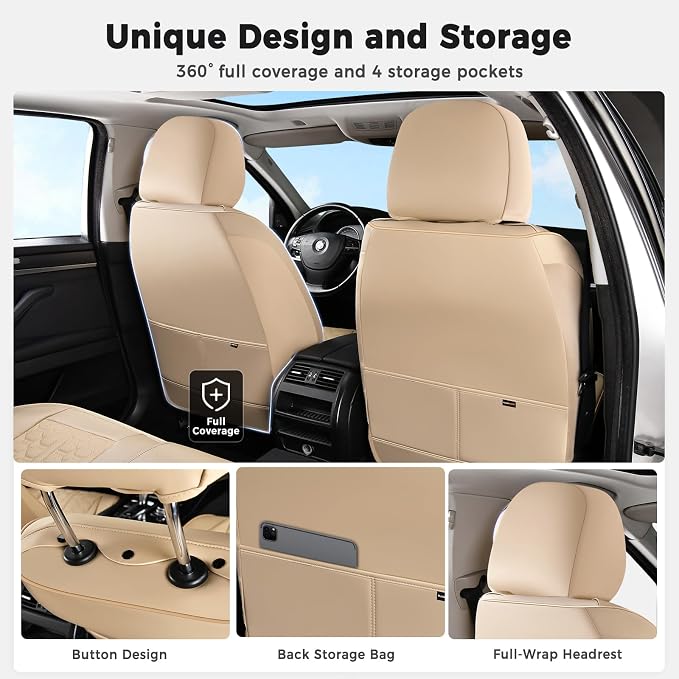 Huidasource Car Seat Covers, Beige Seat Covers Nappa Leather, Waterproof Automotive Seat Covers, Universal Seat Covers Full Set with Lumbar Support Fit for Most Cars SUV Trucks