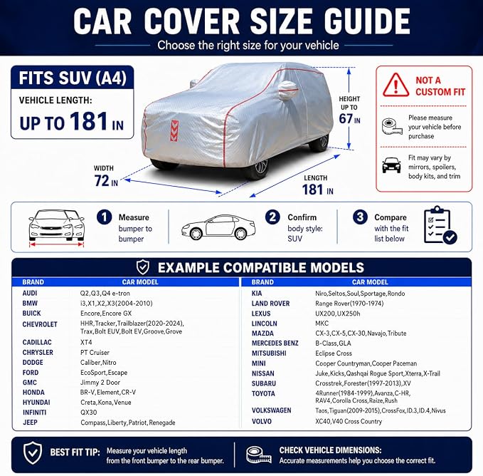 SUV Car Cover, 360° Underbody Wrap Design, All-Weather Waterproof Car Cover, Suitable for SUV Vehicle Body Length up to 181 in
