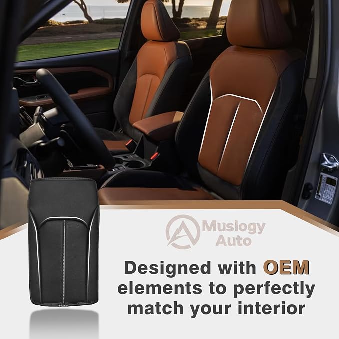 Muslogy Center Console Armrest Cover Fit for Subaru Forester 2025 Accessories, Comfort Armrest Pad Console Lid Cushion Vegan Leather Regular Thick (Black/Gray Stitching)