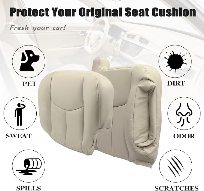 NLQR #522 Driver & Passenger Side Bottom & Top Lean Back Replacement Seat Covers & 2Pcs Seat Armrests Covers Light Tan Compatible with Chevy Avalanche Tahoe Suburban GMC Yukon XL 2003 2004 2005 2006